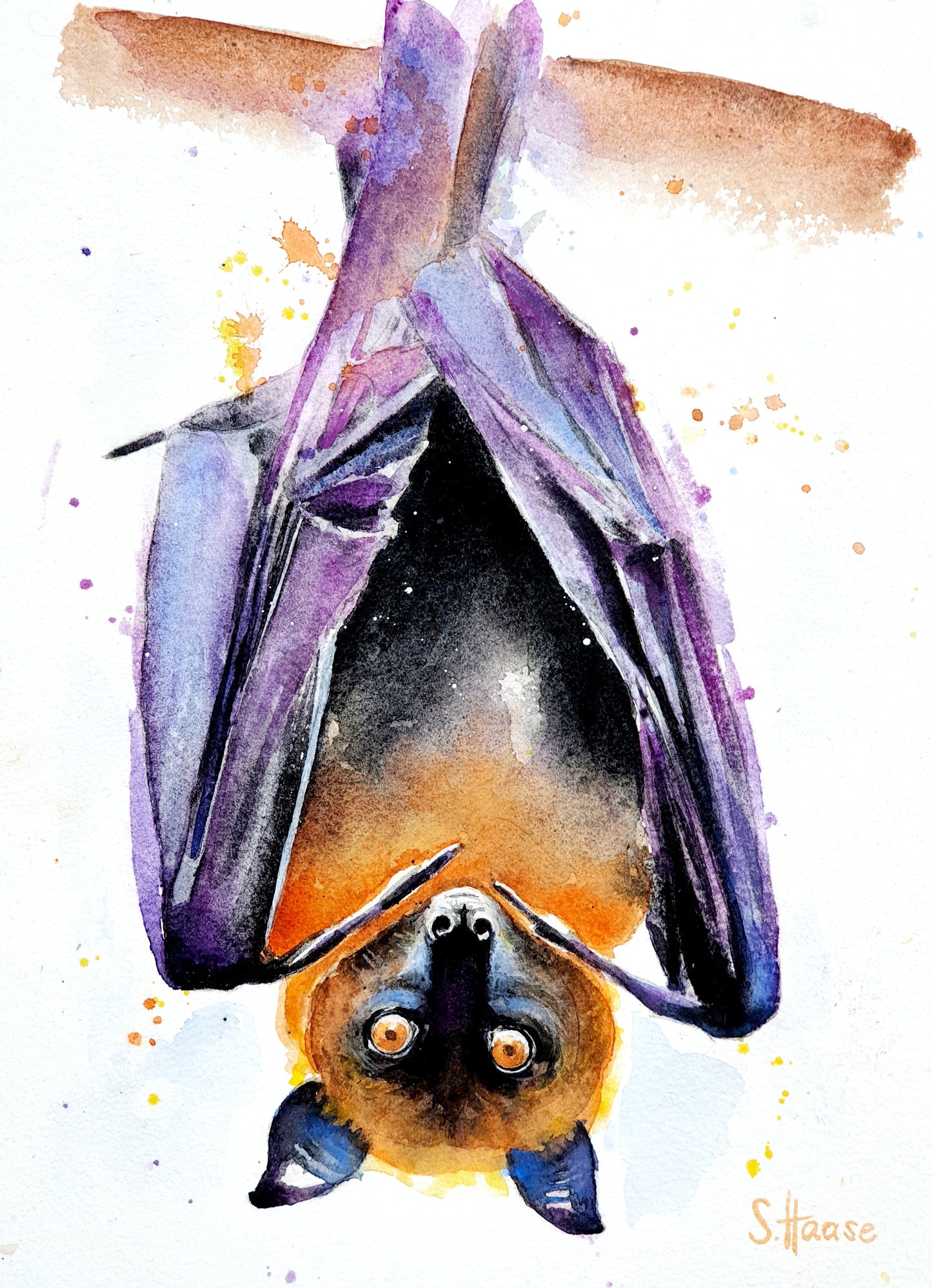 Aquarell-Anhänger Flughund silber, watercolor art pendant "Upside Down", flying fox silver