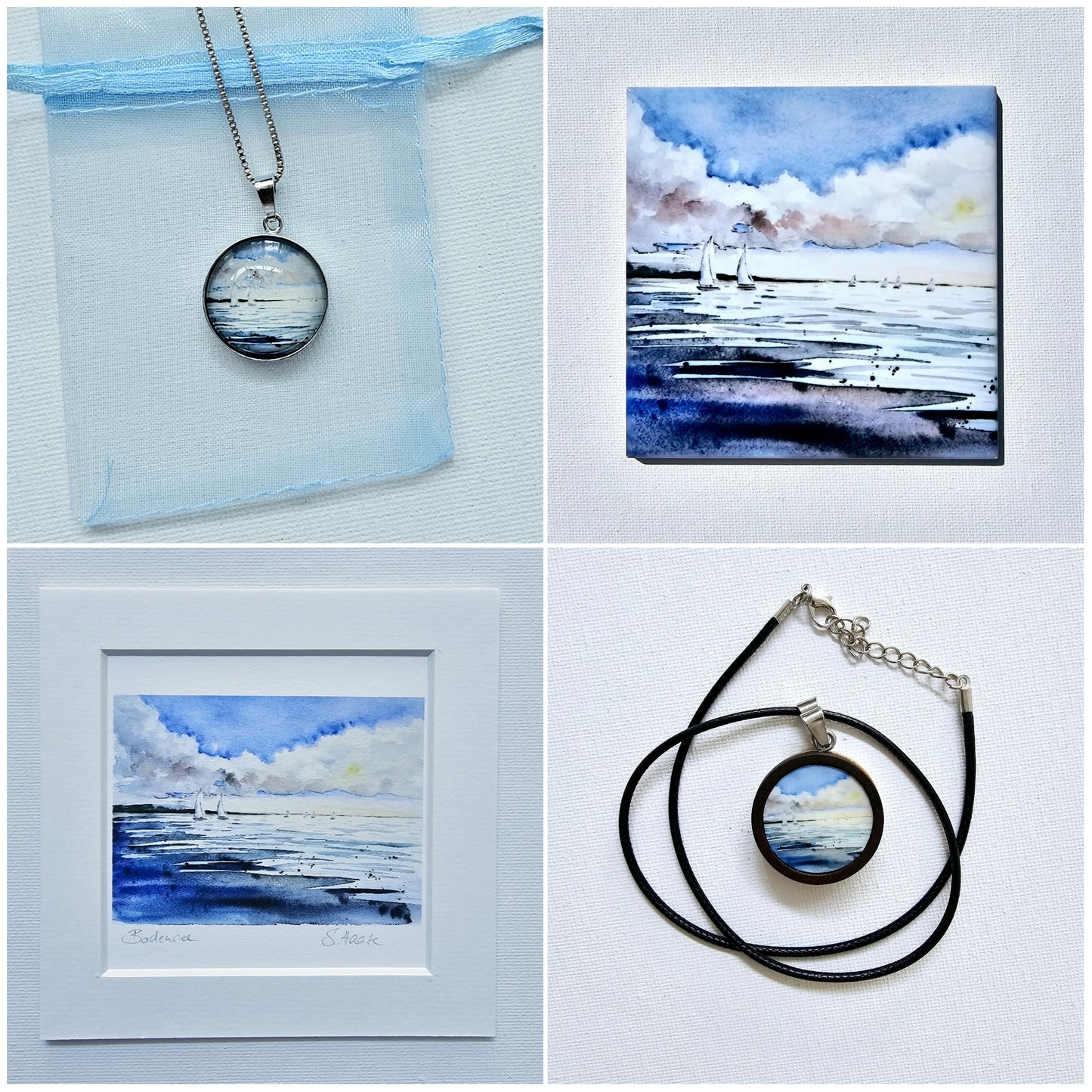 necklace with watercolor art pendant Lake Love